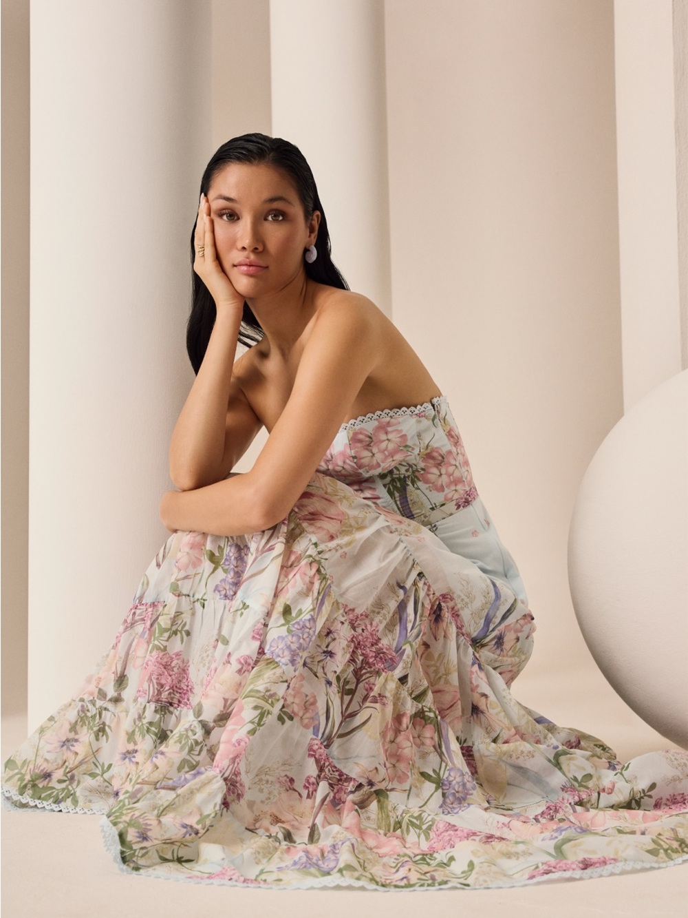 Charo Ruiz Danny Dress Strapless Floral Tiered Maxi Dress in pale blue, pastels - Picture 4 of 6